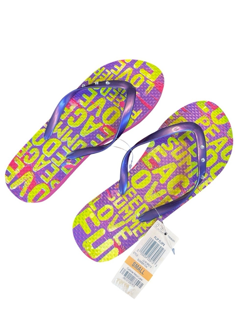NWT Girls Neon Purple & Lime Green Summer Fun Flip Flops With Rhinestones Sz S